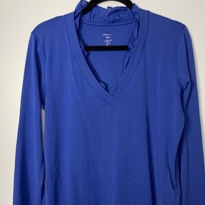 Marc Cain v neckline ruffle trim top in Atlantic blue